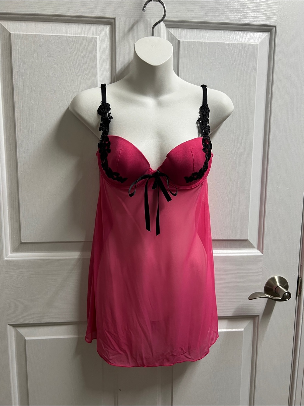 Inner secrets pink Fuchsia Sheer Babydoll Chemise lingerie Black Lace Trim small